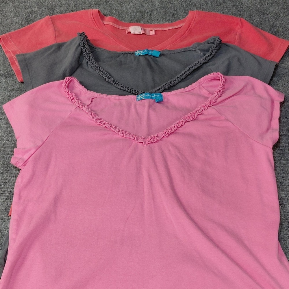 3 Fresh Produce Shirt Short Sleeve Made USA Cropped LARGE Pink Gray Coral Cotton